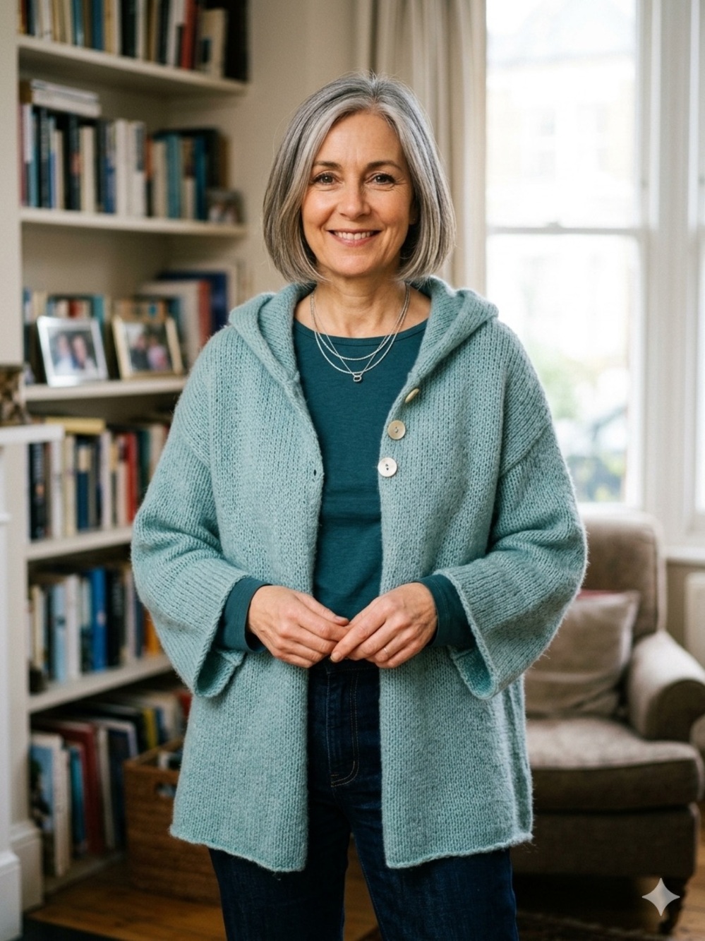 Soft Surroundings Misty Blue Knit Hooded Cardigan